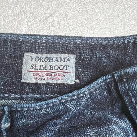 MEK | Dark Slight Factory Distressed Yokohama Slim Bootcut Jeans. 34 in Inseam - Picture 3 of 6